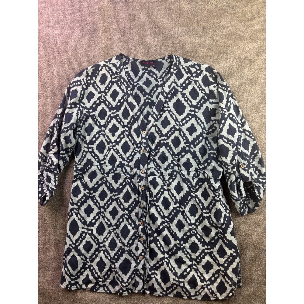 Fresh Produce Button Down Tunic Women XL/XXL Blue Ikat Diamond Pockets Cotton